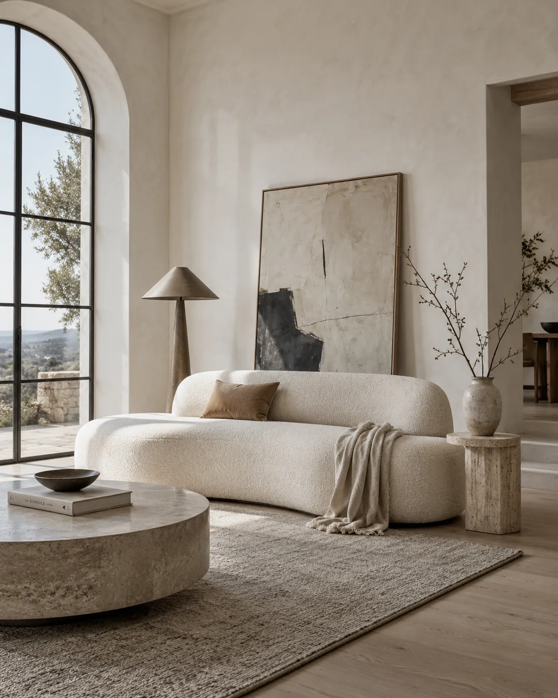 Serene living room with an arched window, a curved boucle sofa and a travertine coffee table