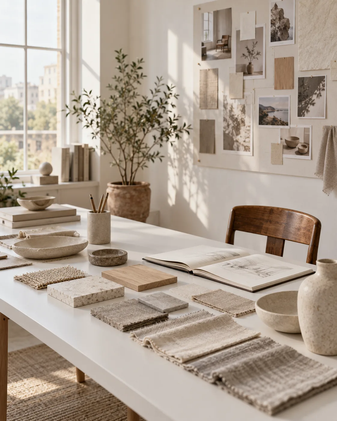 The RobinCharlotte studio — a sunlit worktable with fabric swatches, stone samples, a sketchbook and a moodboard